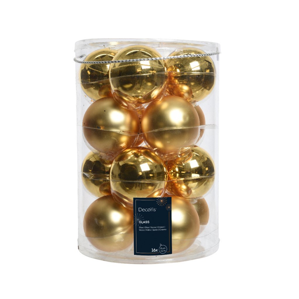 Decoris Glazen Kerstballen 8 cm 16 Stuks Goud