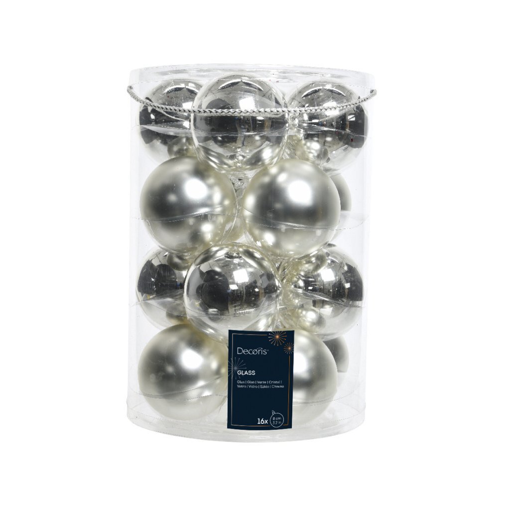 Decoris Glazen Kerstballen 8 cm 16 Stuks Zilver