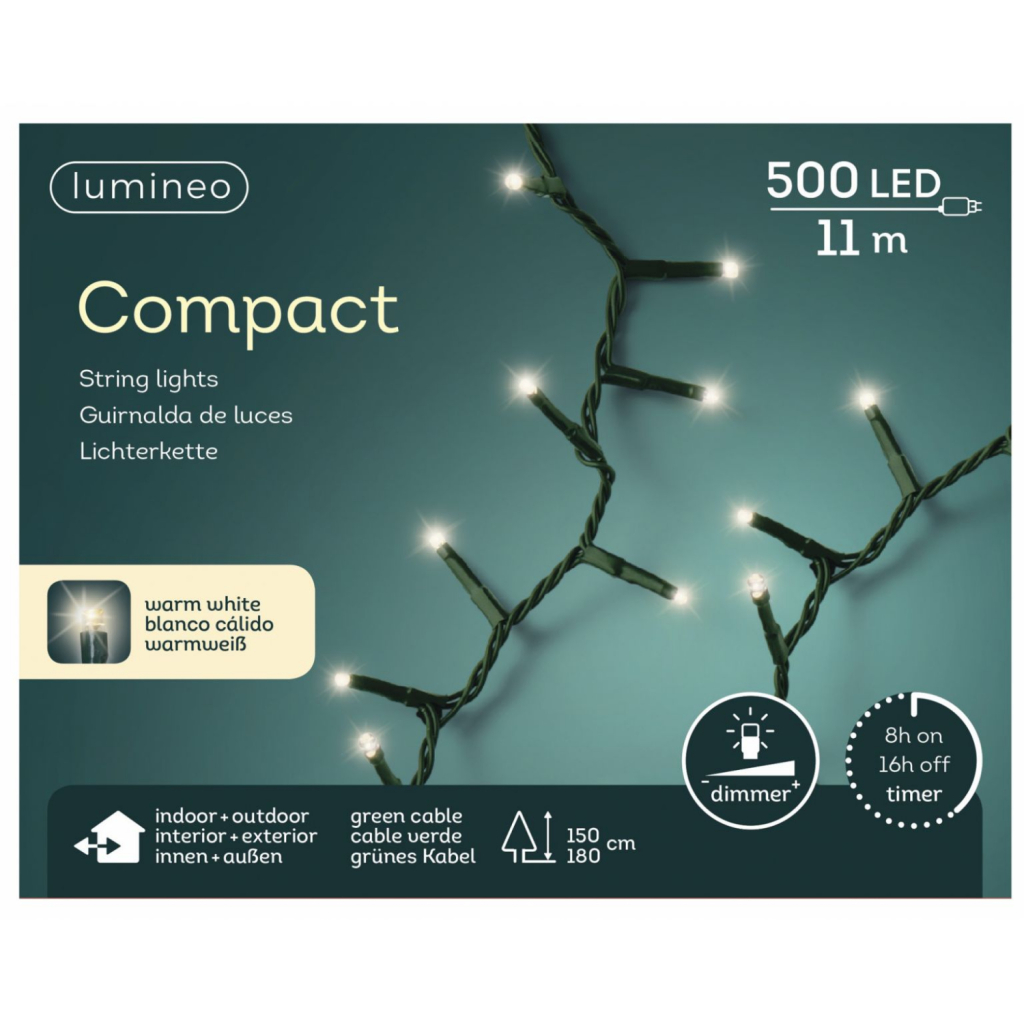 Lumineo Compact Kerstverlichting Binnen/Buiten 11M Groen 500 LEDs Warm Wit Dimbaar Timer IP44