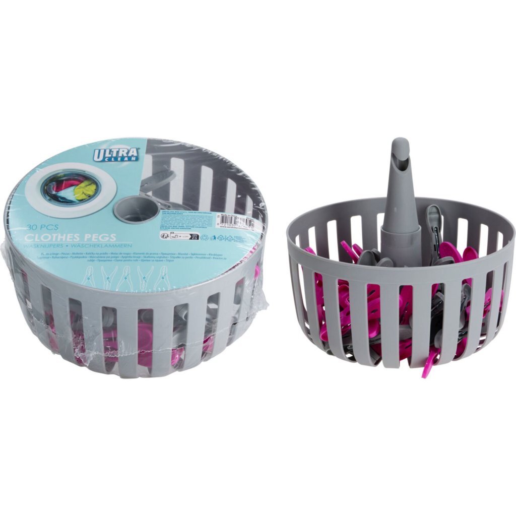 Ultra Clean Wasknijpermand + 30 Knijpers Grijs/Roze