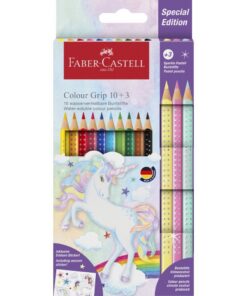 Faber Castell FC-201542 Colour Grip Kleurpotloden 10 Stuks + 3 Sparkle Pastel Kleurpotloden en Unicorn Stickers