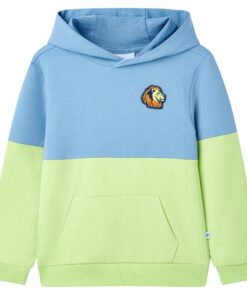 Kindertrui met capuchon 104 blauw en zachtgeel