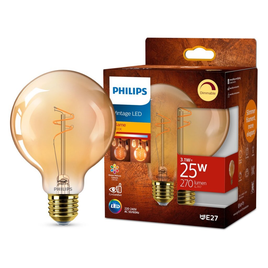 Philips Vintage LED Dimbare Globe G95 E27 60W Amberkleurig Glas