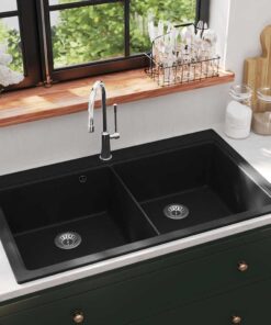 Spoelbak opbouw graniet dubbele bak zwart