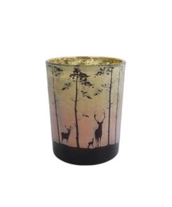 Theelichthouder Forest Hert in Bos Groen/Rood Glas 12.5x10x10cm