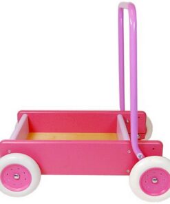 Van Bueren Houten Duwwagen met Leren Lopen Stand Roze