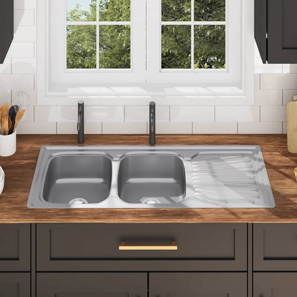 vidaXL Gootsteen dubbele bak met afvoer en zwanenhals roestvrij staal - Image 3