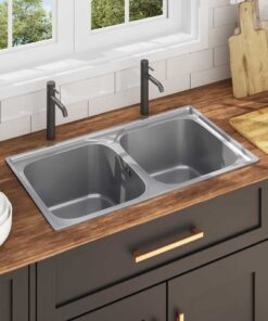 vidaXL Gootsteen dubbele bak met afvoer en zwanenhals roestvrij staal