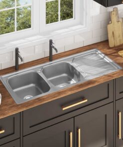 vidaXL Gootsteen dubbele bak met afvoer en zwanenhals roestvrij staal