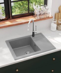 vidaXL Gootsteen met overloopgat ovaal graniet grijs