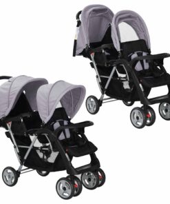 vidaXL Kinderwagen dubbel staal grijs en zwart