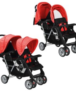 vidaXL Kinderwagen dubbel staal rood en zwart
