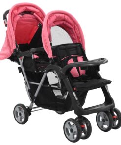 vidaXL Kinderwagen dubbel staal roze en zwart
