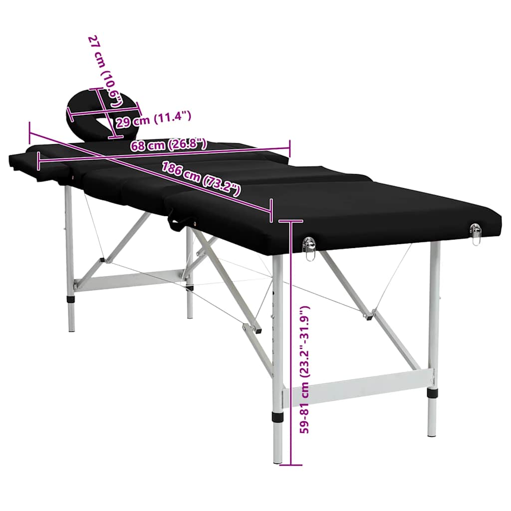 vidaXL Massagetafel met 4 zones inklapbaar aluminum frame zwart - Image 7