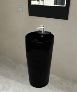 vidaXL Staande wastafel met overloop en kraangat zwart rond keramiek