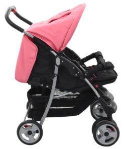 vidaXL Tweelingkinderwagen staal roze en zwart