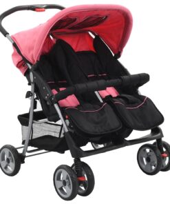 vidaXL Tweelingkinderwagen staal roze en zwart