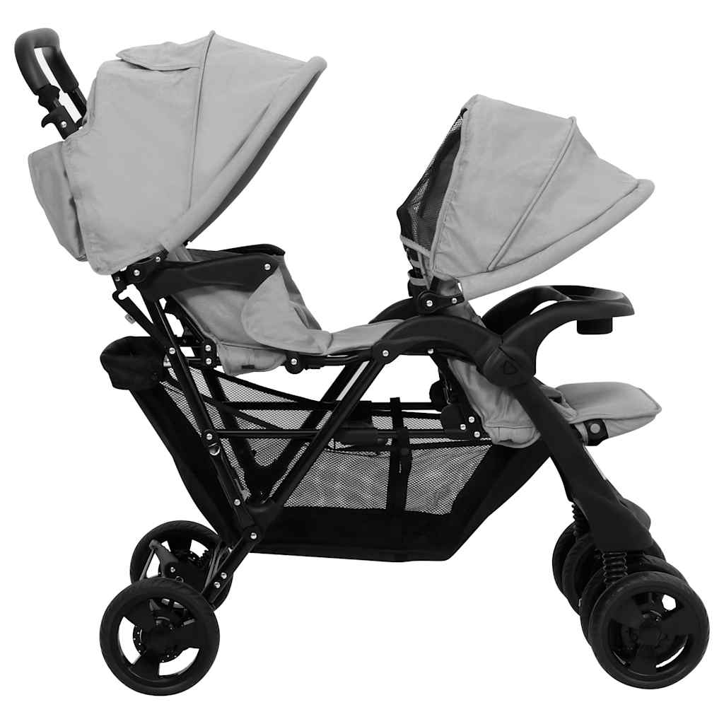 vidaXL Tweelingkinderwagen tandem staal lichtgrijs - Image 5