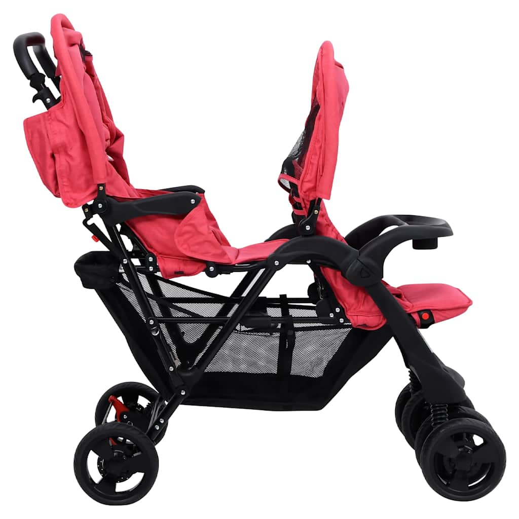 vidaXL Tweelingkinderwagen tandem staal rood - Image 4