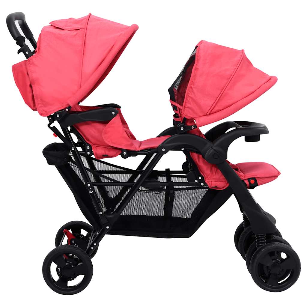 vidaXL Tweelingkinderwagen tandem staal rood - Image 5