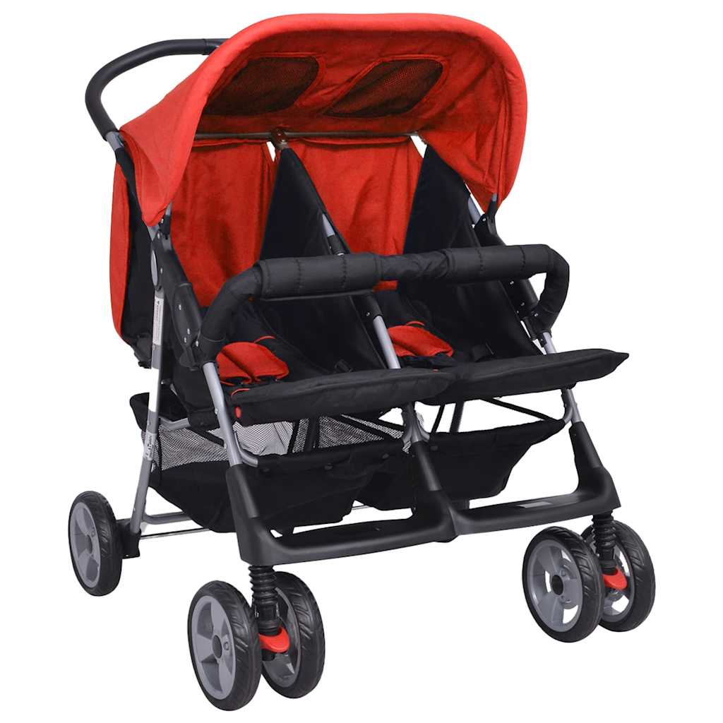 vidaXL Tweelingwagen staal rood en zwart - Image 3