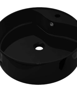 vidaXL Wastafel met kraangat en overloop rond keramiek zwart