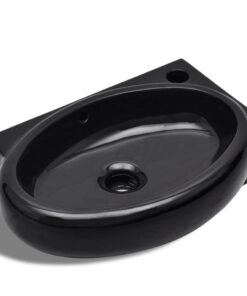 vidaXL Wastafel met kraangat en overloop rond keramiek zwart