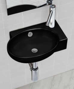 vidaXL Wastafel met kraangat en overloop rond keramiek zwart