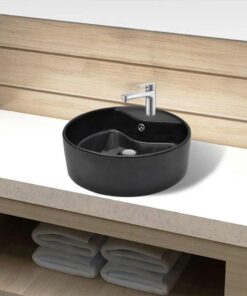 vidaXL Wastafel met kraangat en overloop rond keramiek zwart