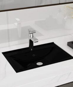 vidaXL Wastafel met kraangat en overloop zwart rechthoekig keramiek