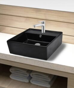 vidaXL Wastafel met kraangat en overloop zwart vierkant keramiek