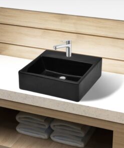 vidaXL Wastafel met kraangat zwart vierkant keramiek