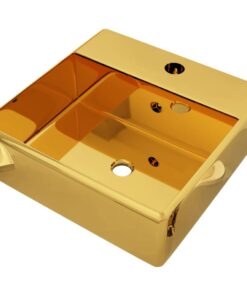 vidaXL Wastafel met overloop 41x41x15 cm keramiek goudkleurig