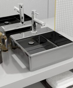 vidaXL Wastafel met overloop 41x41x15 cm keramiek zilverkleurig