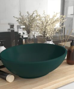 vidaXL Wastafel ovaal 40x33 cm keramiek mat donkergroen