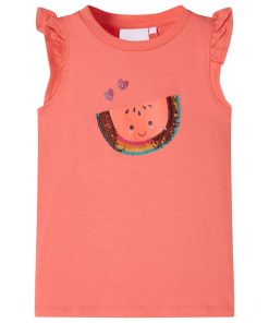 Kindershirt met ruches aan de mouwen 140 koraalkleurig