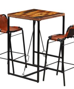 vidaXL 3-delige Barset massief gerecycled hout en echt geitenleer