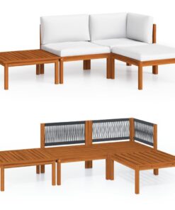vidaXL 4-delige tuinloungeset met kussens crèmekleurig acaciahout en touw