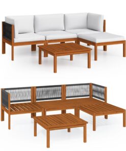 vidaXL 5-delige tuinloungeset met kussens crèmekleurig acaciahout en touw