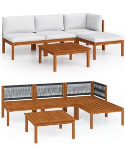 vidaXL 5-delige tuinloungeset met kussens crèmekleurig acaciahout en touw