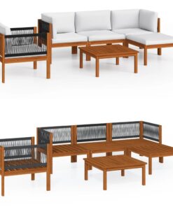 vidaXL 6-delige tuinloungeset met kussens crèmekleurig acaciahout en touw