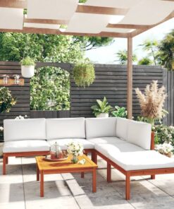 vidaXL 6-delige tuinloungeset met kussens crèmekleurig acaciahout en touw