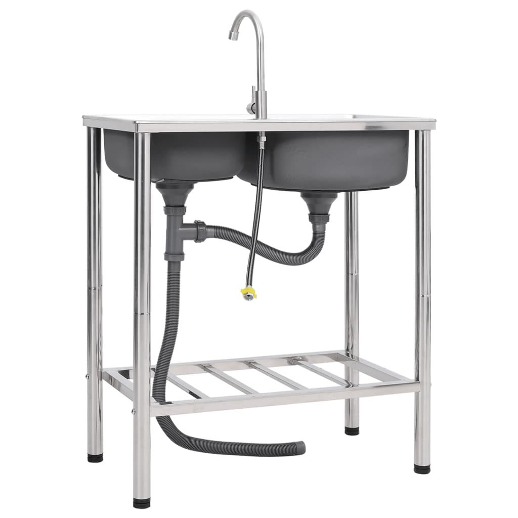 vidaXL Campinggootsteen dubbele bakken met kraan roestvrij staal - Image 4
