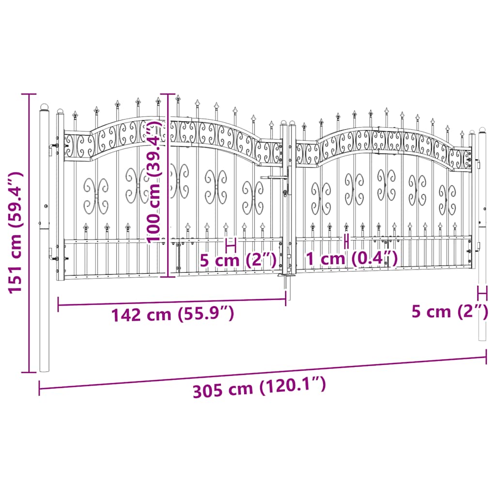 vidaXL Hekpoort met speerpunt zwart 305x100 cm gepoedercoat staal - Image 6
