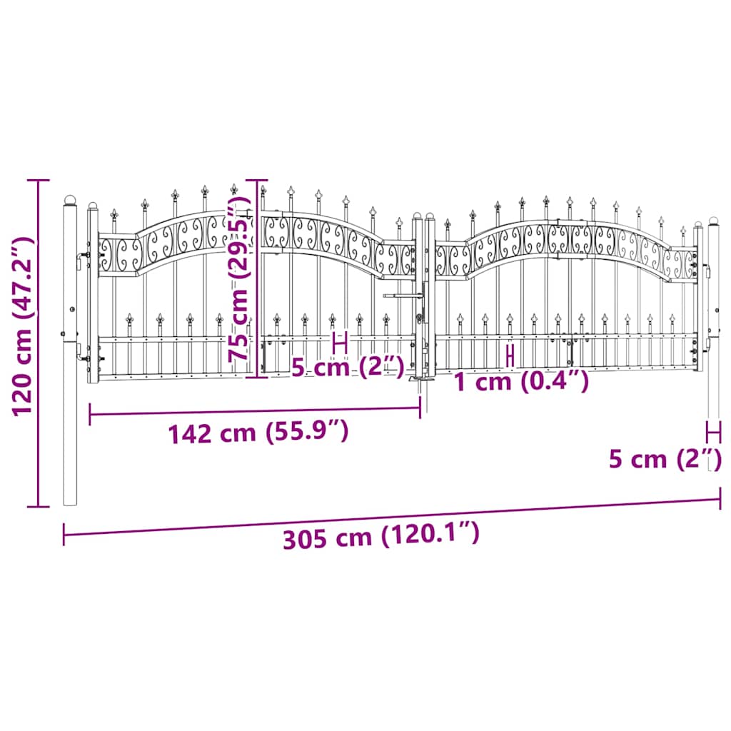 vidaXL Hekpoort met speerpunt zwart 305x75 cm gepoedercoat staal - Image 6