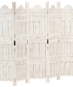 vidaXL Kamerscherm met 5 panelen handgesneden 200x165 cm mangohout wit