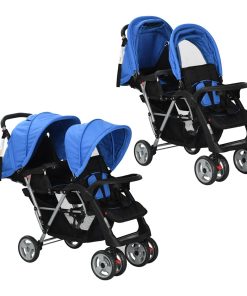 vidaXL Kinderwagen dubbel staal blauw en zwart