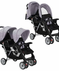vidaXL Kinderwagen dubbel staal grijs en zwart