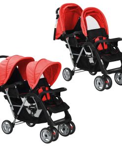 vidaXL Kinderwagen dubbel staal rood en zwart
