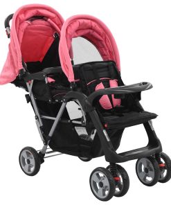 vidaXL Kinderwagen dubbel staal roze en zwart